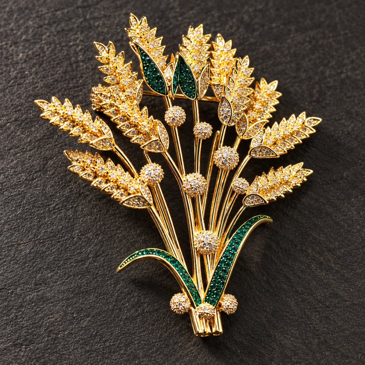 Gold tone wheat sheaf brooch, full front view
