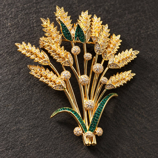 Gold tone wheat sheaf brooch, full front view