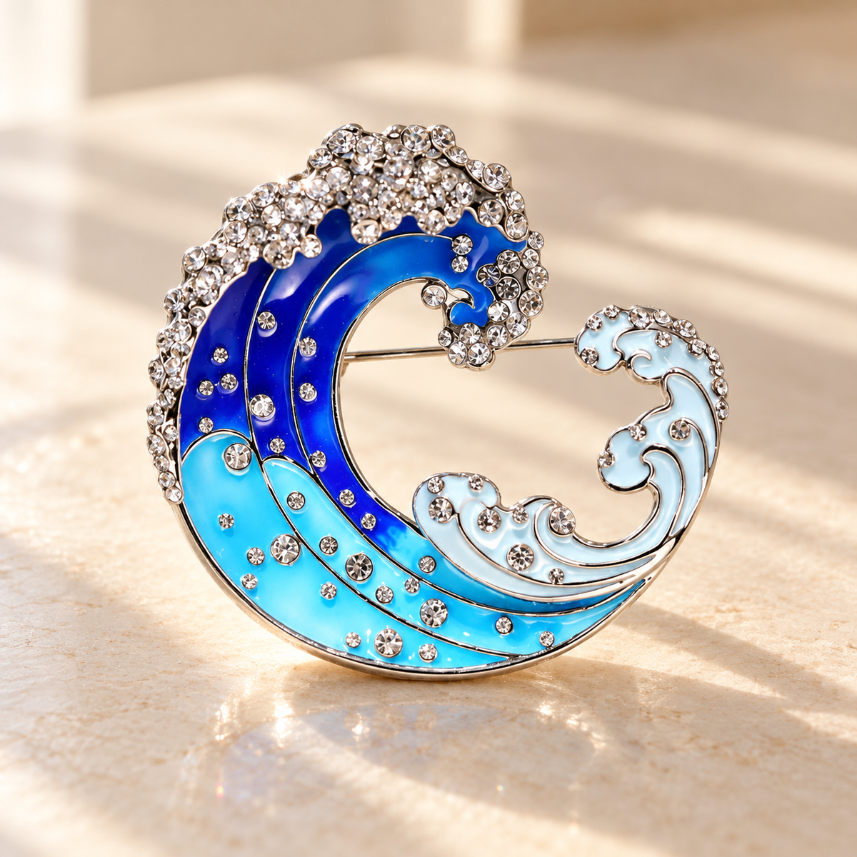 Blue Gradient Wave brooch in a tabletop setting