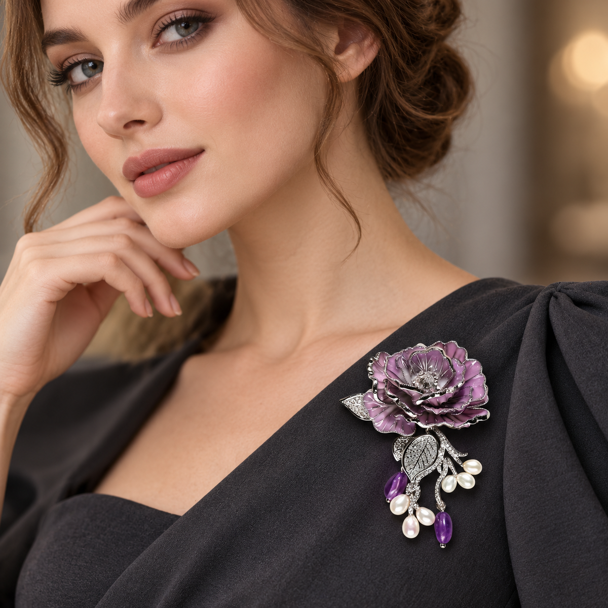 Purple Rose With Freshwater Pearls enamel rose brooch worn on clothing