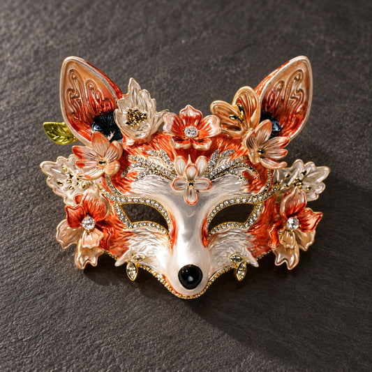 Vintage floral fox mask brooch, front view