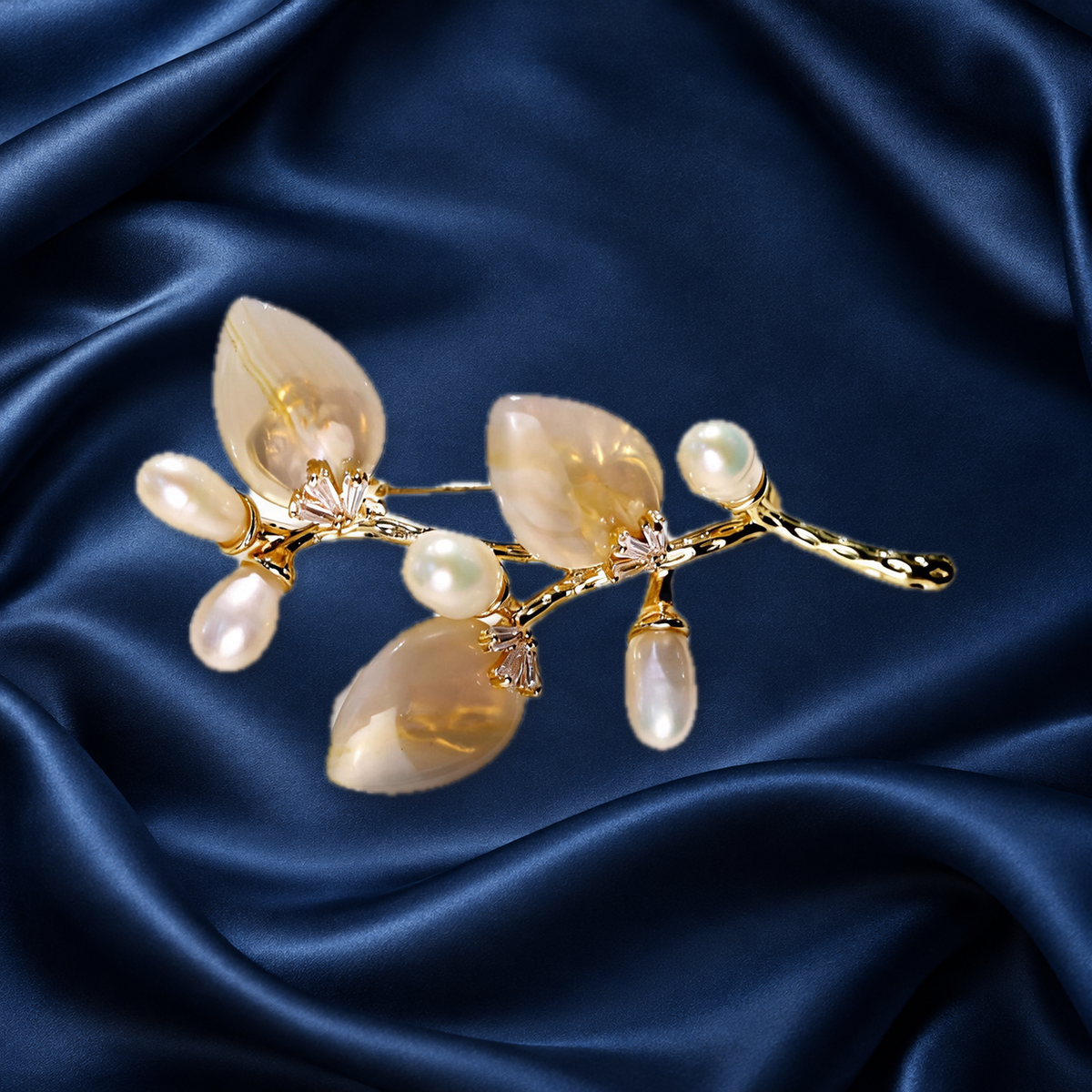 Gold White natural stone flower branch brooch with freshwater pearls on navy satin