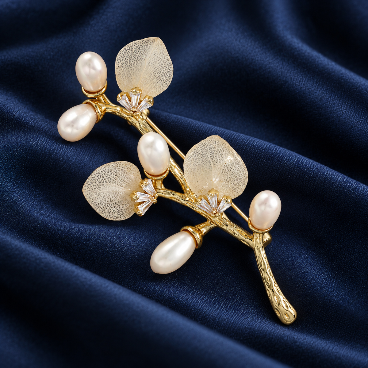 Gold White dried flower and pearl branch brooch, front view