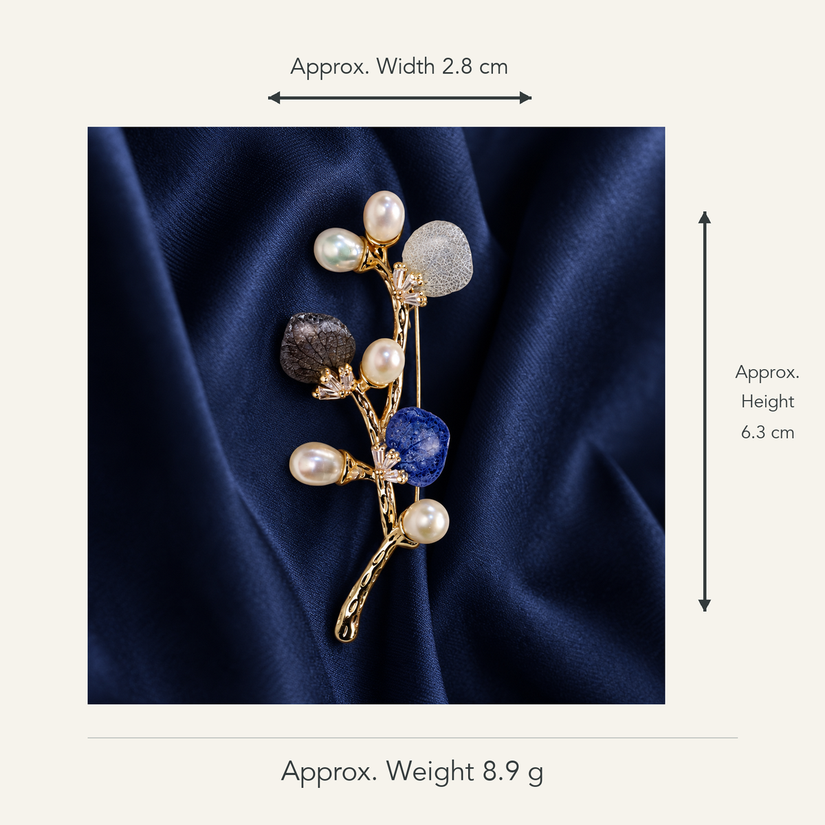 Blue Gray dried flower and pearl branch brooch, approximate 2.8 cm wide and 6.3 cm high