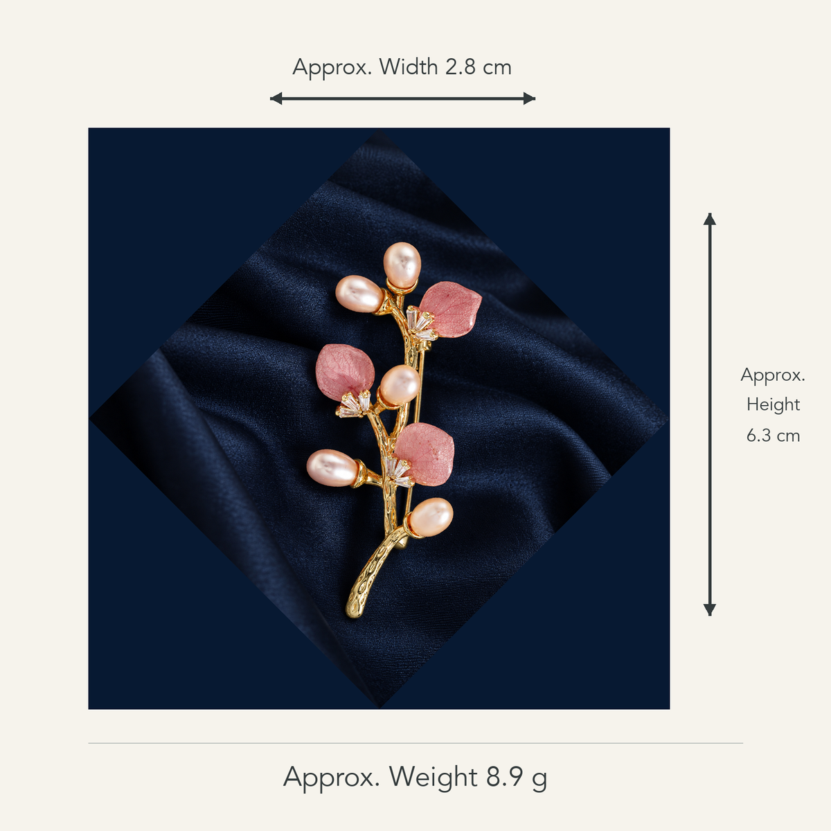 Gold Pink dried flower and pearl branch brooch, approximate 2.8 cm wide and 6.3 cm high