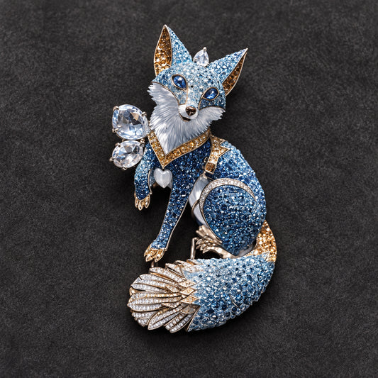 Blue fox brooch and pendant with micro-set detailing on a dark grey background