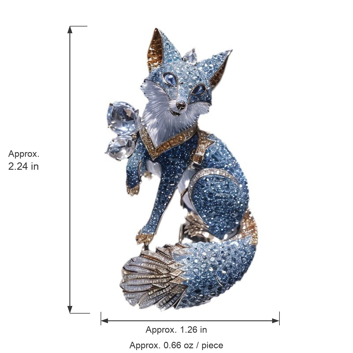 Blue fox brooch size diagram showing approx. 2.24 in height, 1.26 in width and 0.66 oz weight