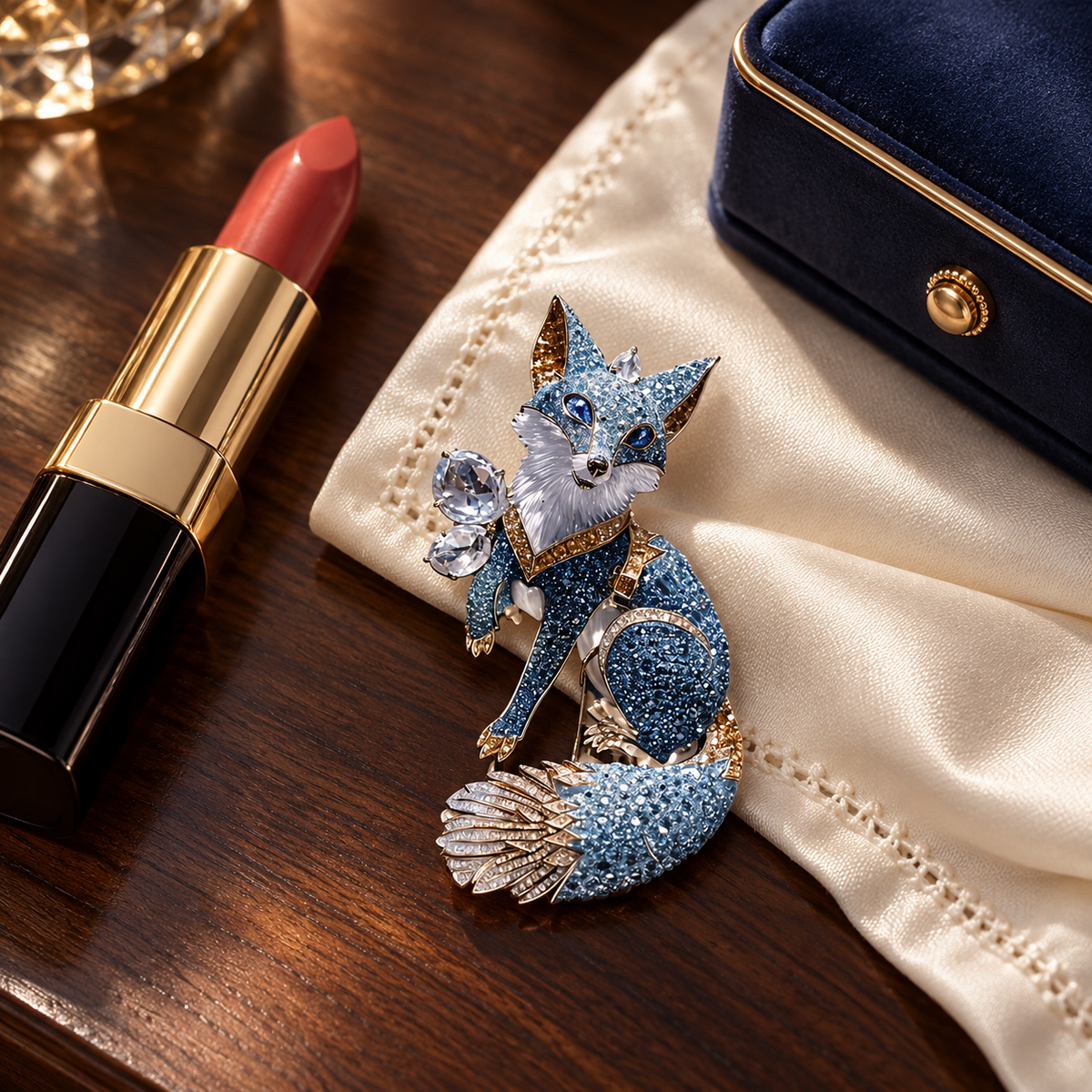 Blue fox brooch styled on a wooden tabletop with fabric