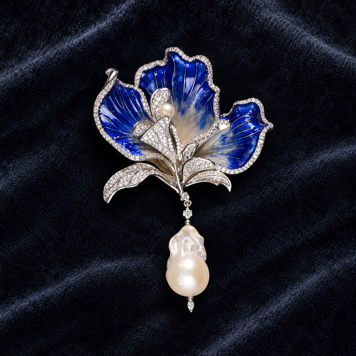 Blue with Baroque Pearl canna flower brooch