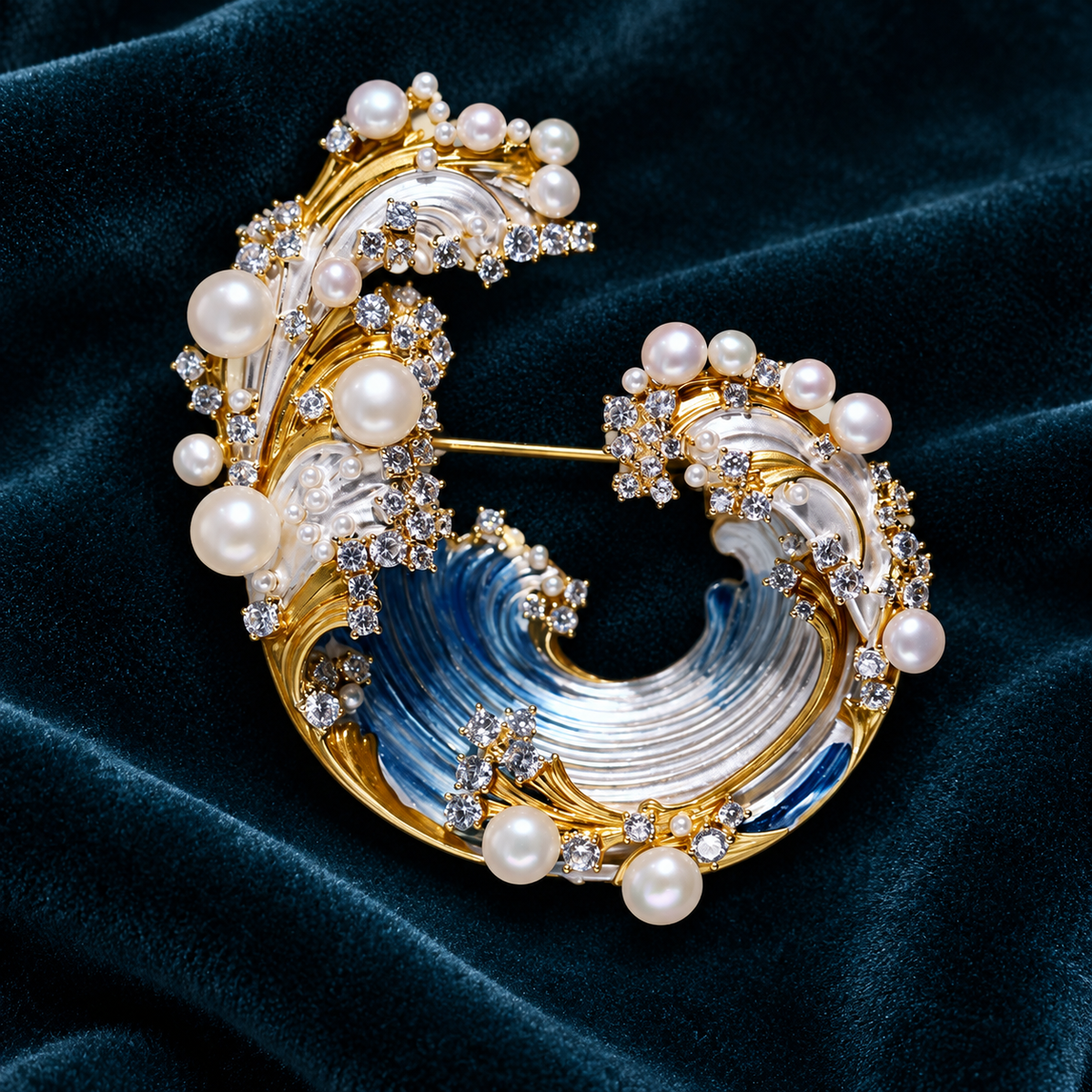 Freshwater pearl wave brooch and pendant front view