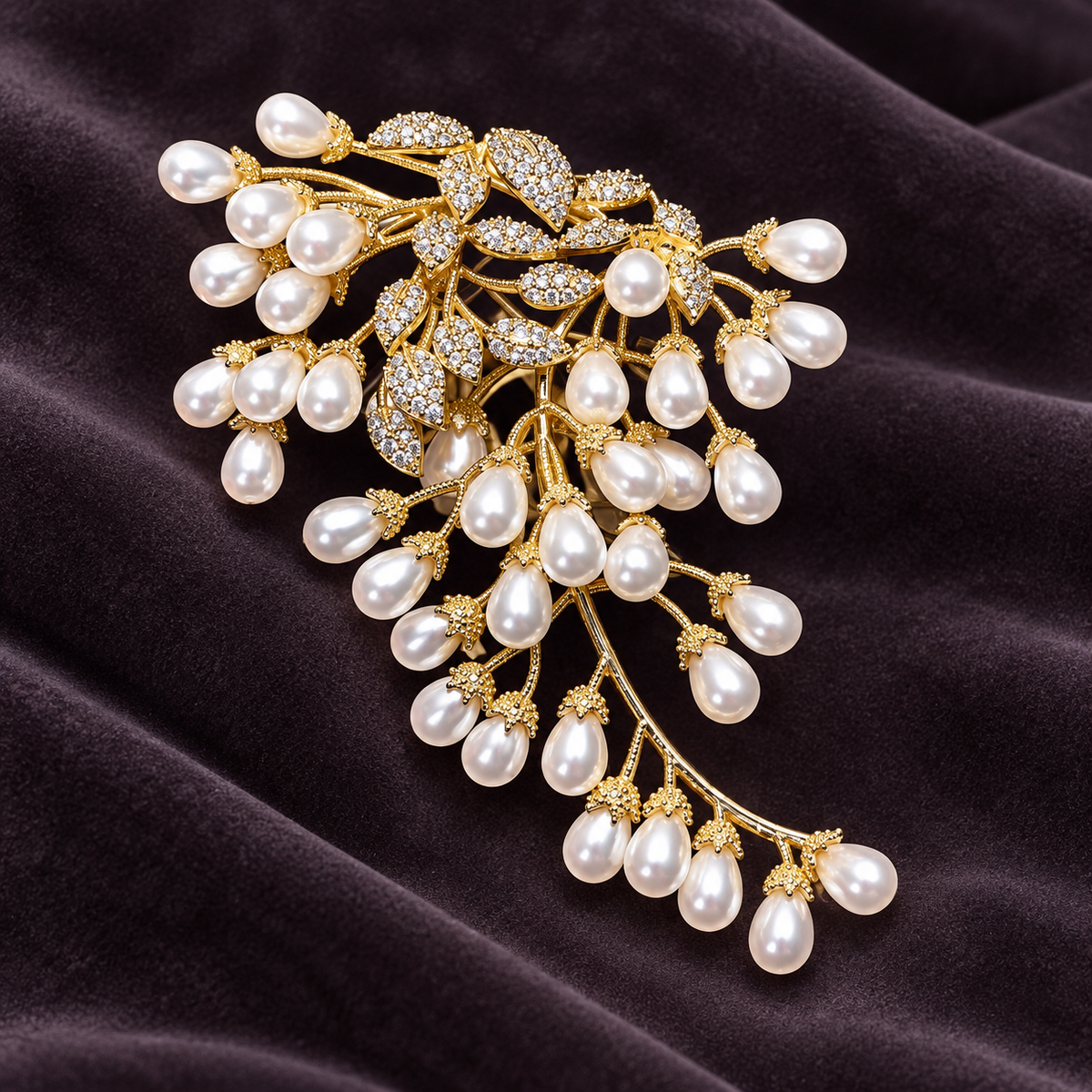White Shell Pearl wisteria brooch, front view