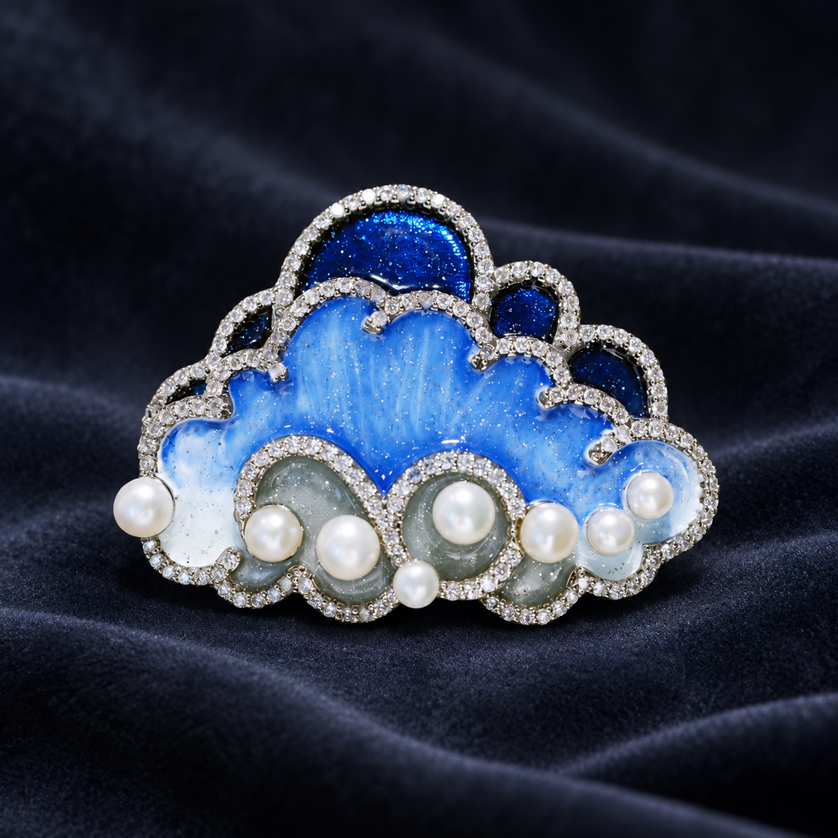 Blue cloud brooch with layered cloud shapes, silver-tone borders and white pearl accents