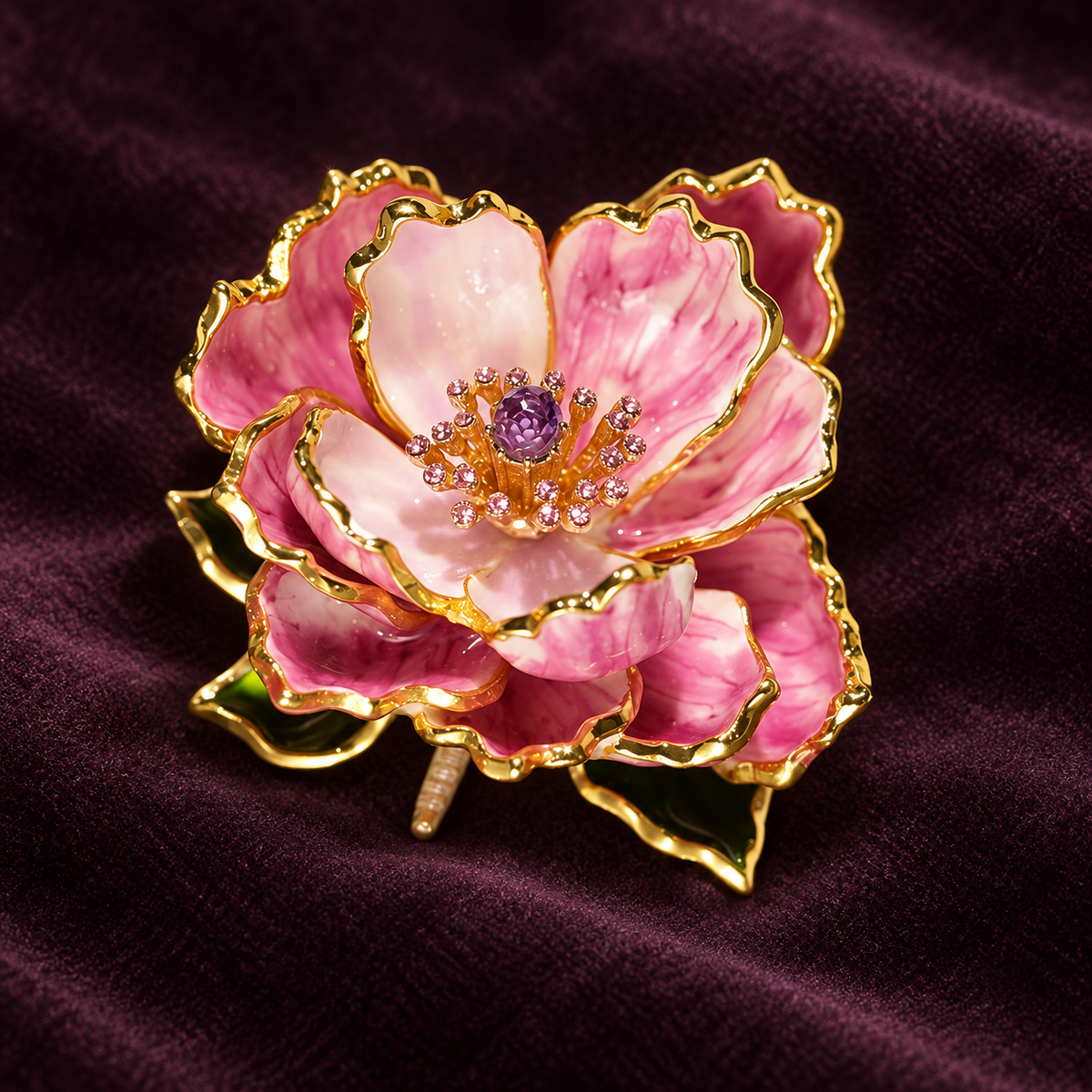 Purple peony brooch with layered petals and gold-tone outlines