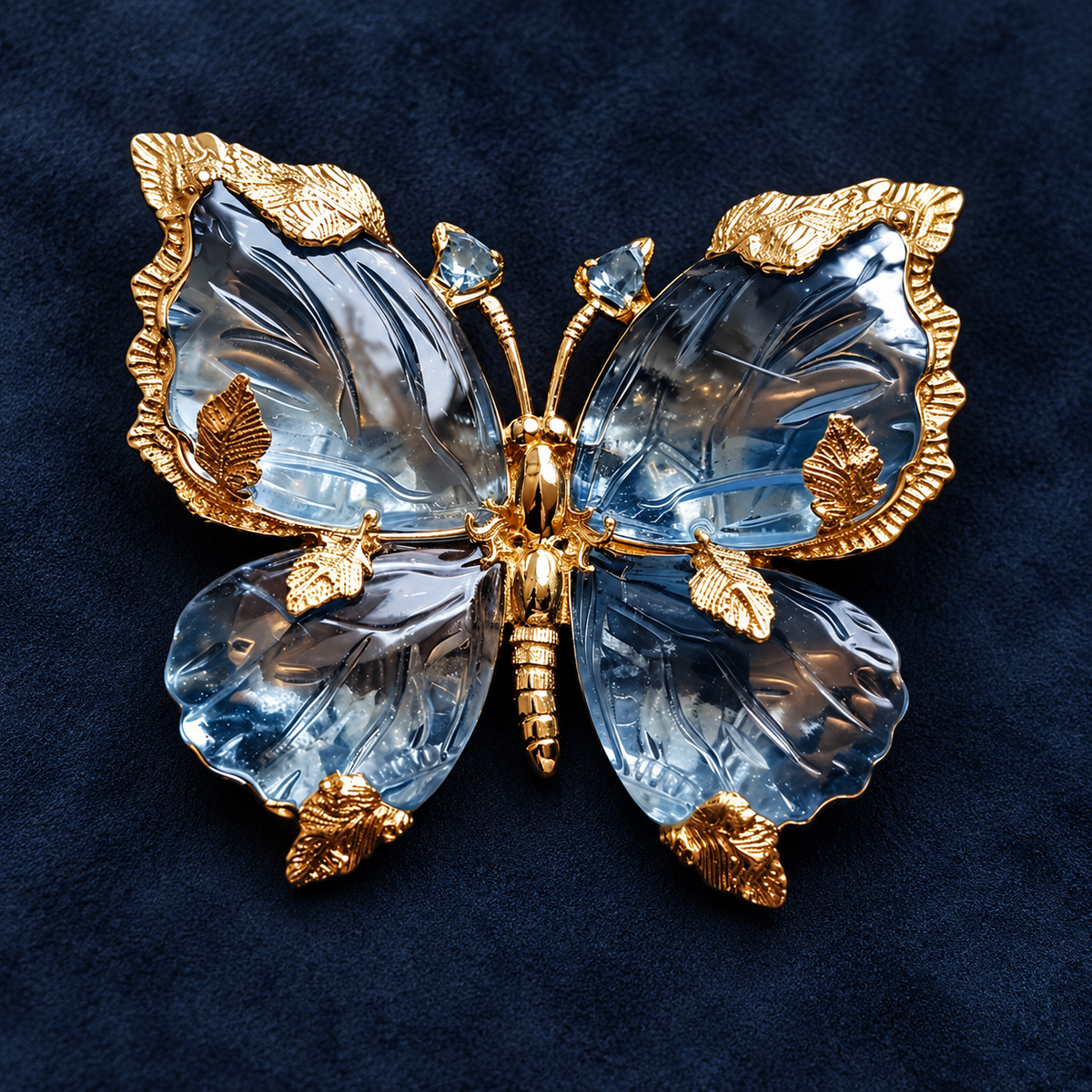 Blue butterfly brooch and pendant design with gold-tone edges