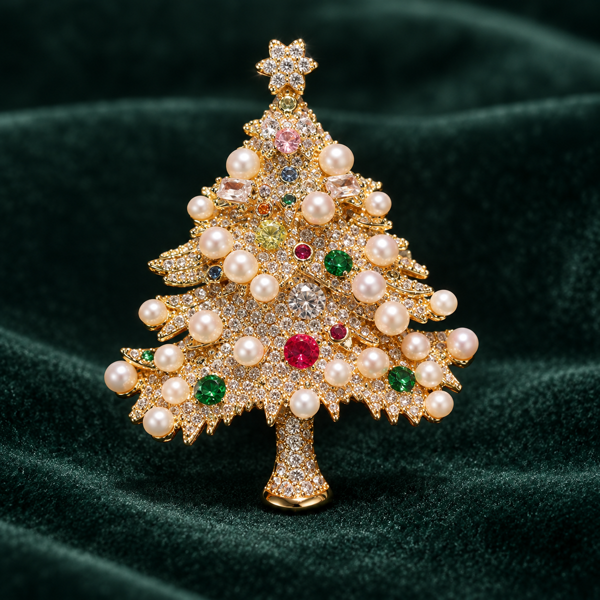 Christmas tree brooch and pendant with white pearl accents, a star top and colorful decorative details
