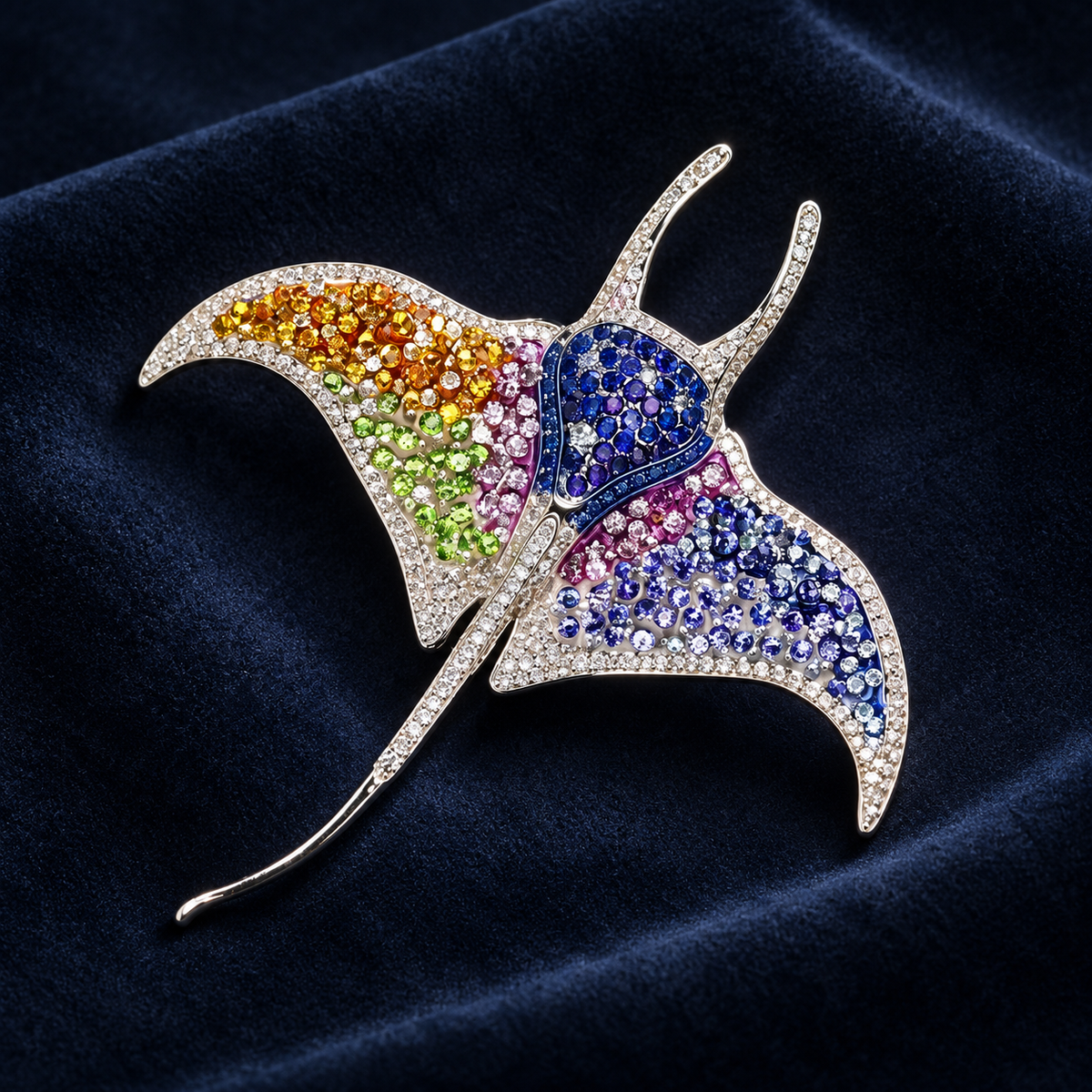 Multicolored manta ray brooch with sweeping fins and a slender tail
