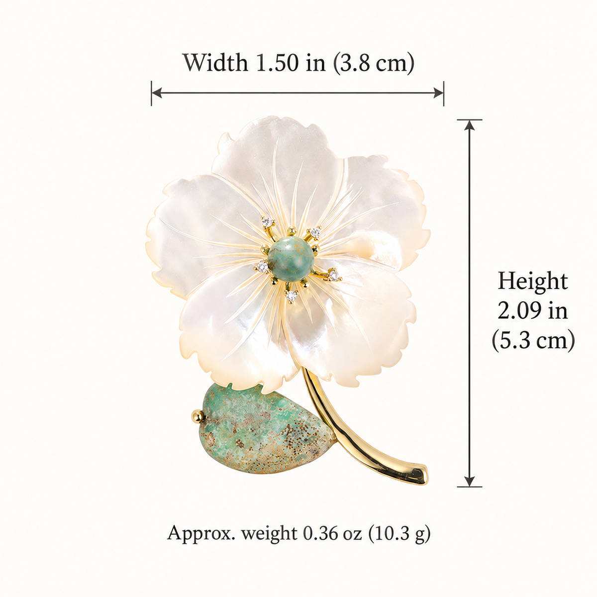 Shell flower brooch dimensions for Green and Purple
