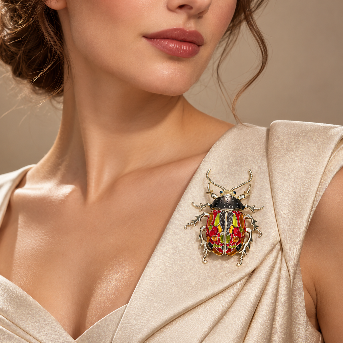 Multicolor enamel beetle brooch, worn on formal clothing