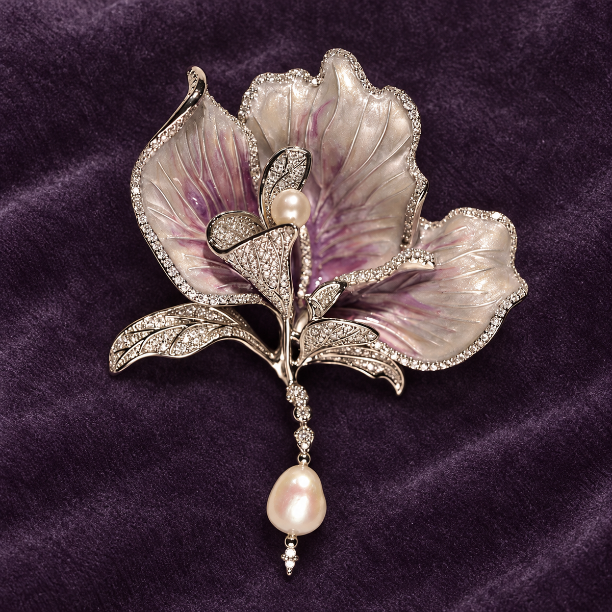Purple with Freshwater Pearl canna flower brooch