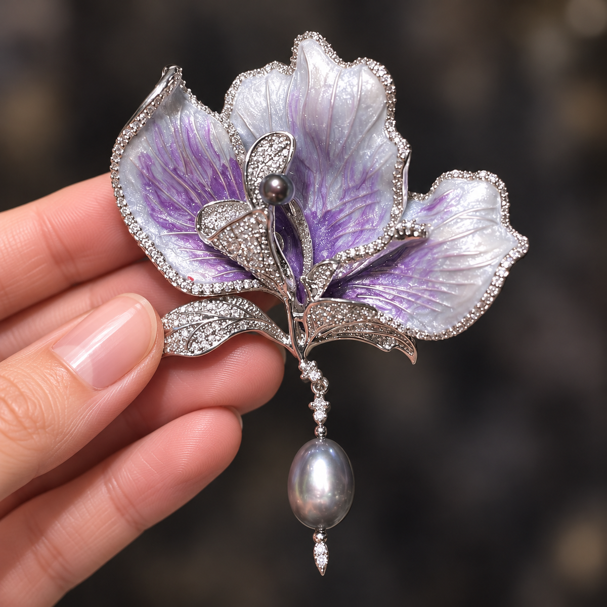 Purple with Gray Pearl canna flower brooch held in a hand