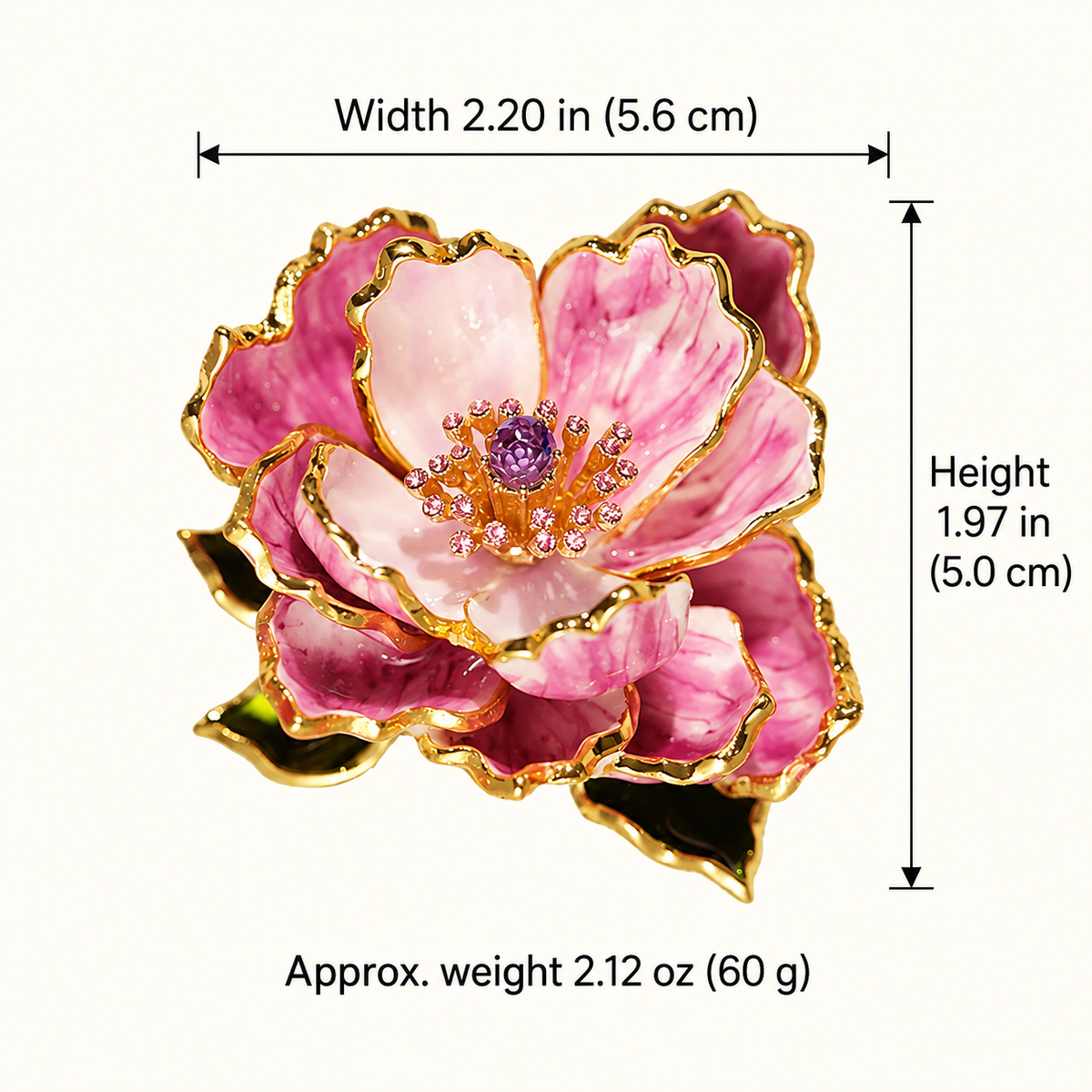 Purple peony brooch dimensions approx. 1.97 in high by 2.20 in wide and weight 2.12 oz