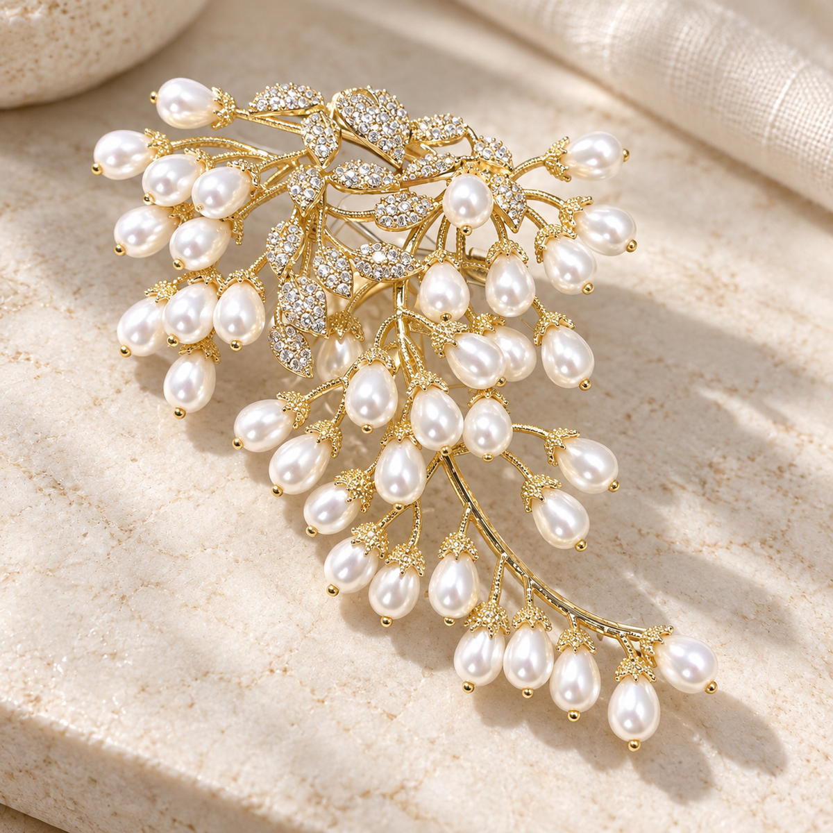 White Shell Pearl wisteria brooch, styled tabletop display