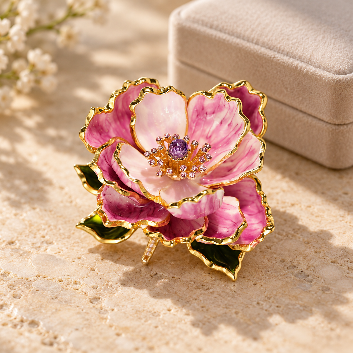 Purple peony brooch in a styled tabletop display