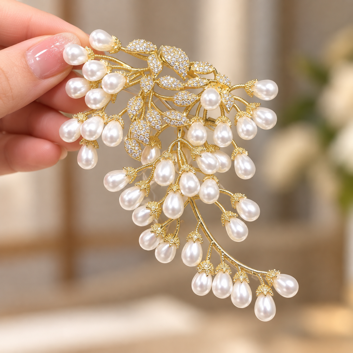 White Shell Pearl wisteria brooch, held in a hand