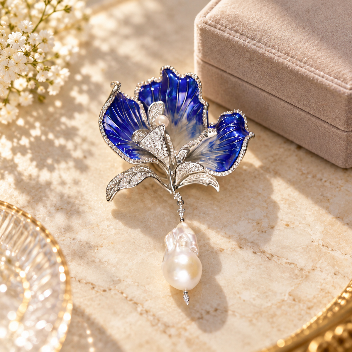 Blue with Baroque Pearl canna flower brooch in a tabletop display