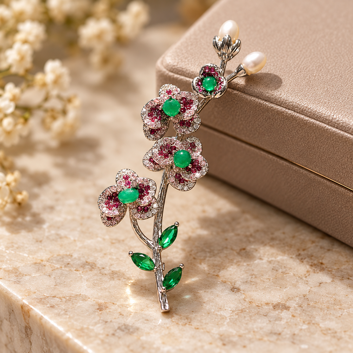 Plum blossom brooch in a styled tabletop display