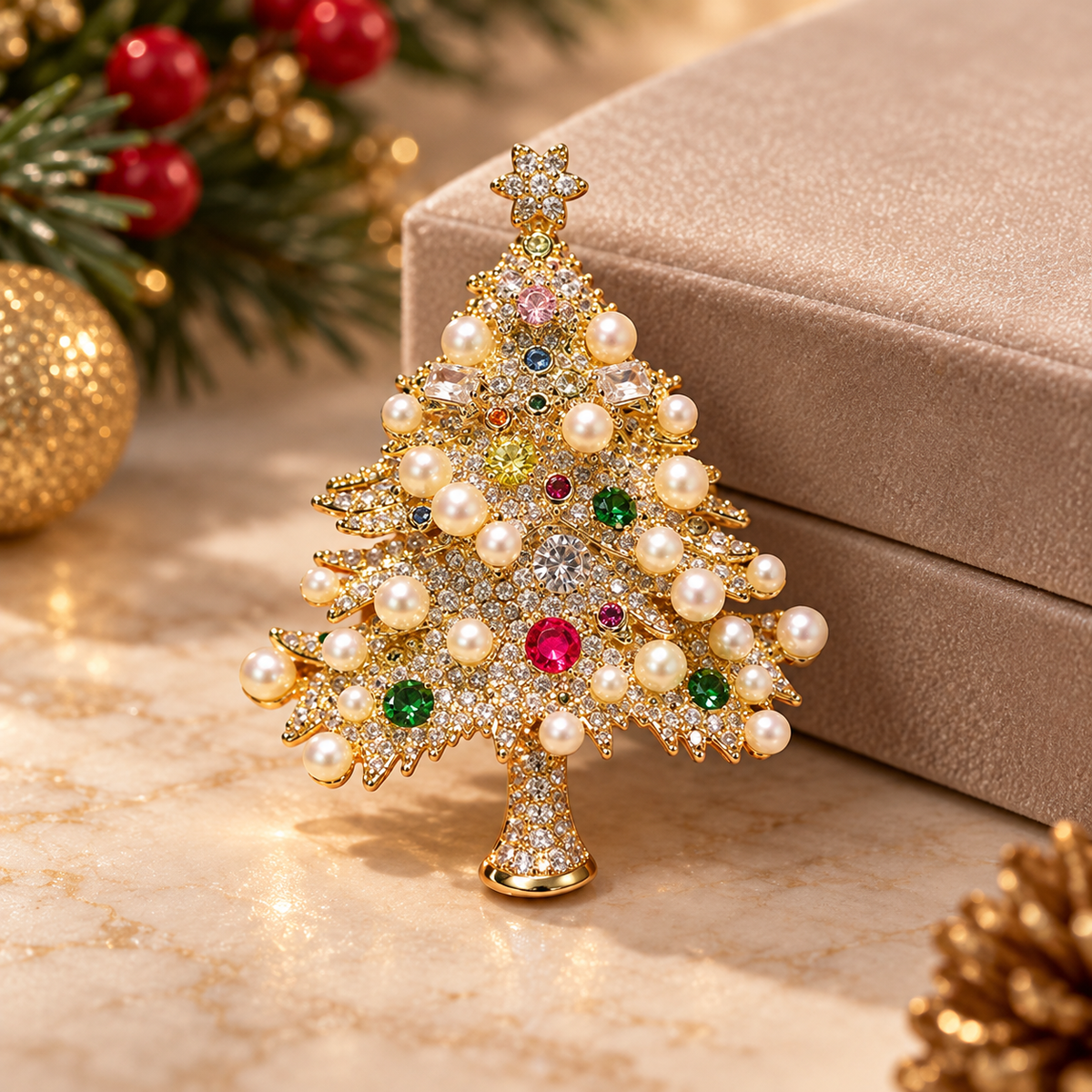 Christmas tree brooch in a styled tabletop display; props do not establish supplied packaging