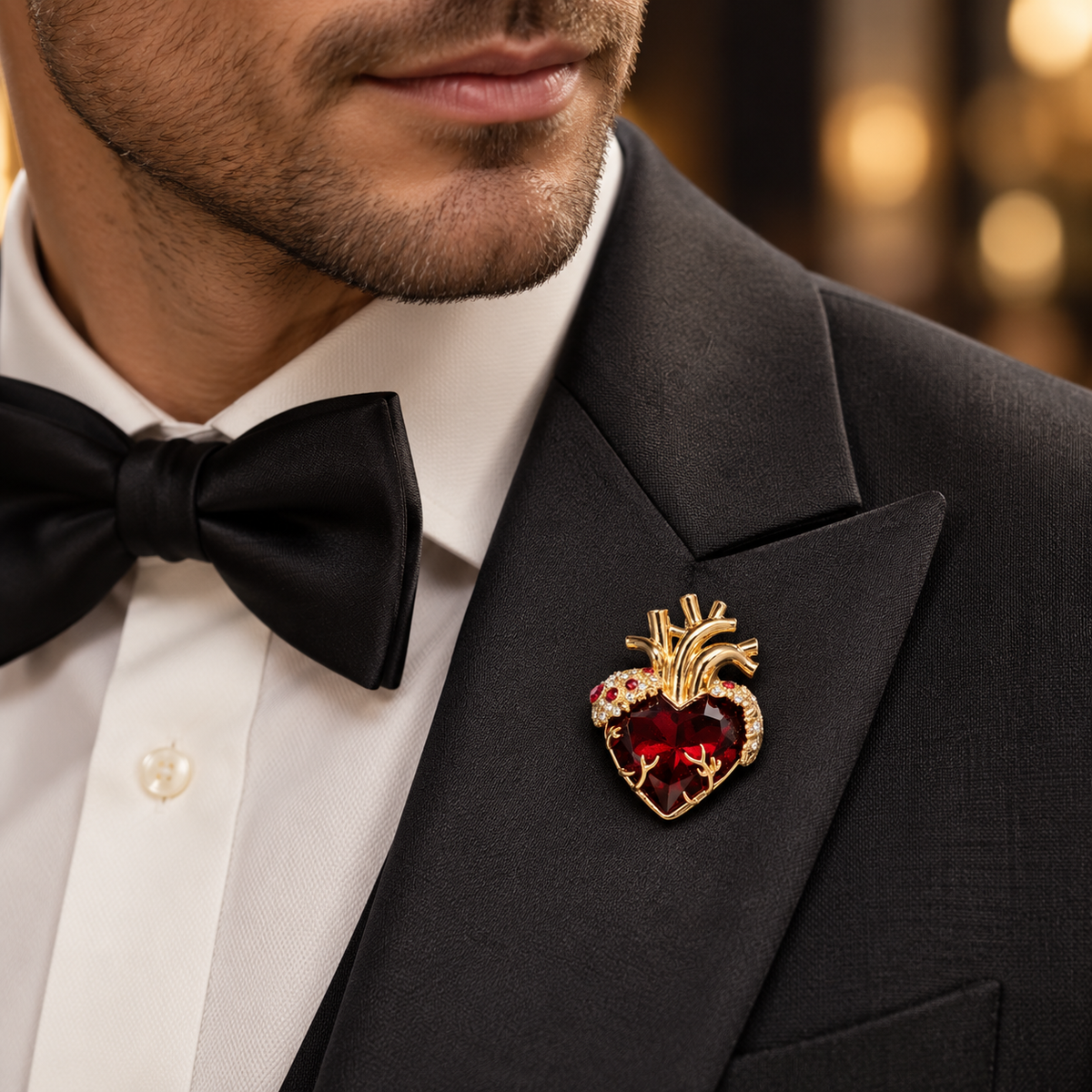 Heart brooch worn by a man with formal attire