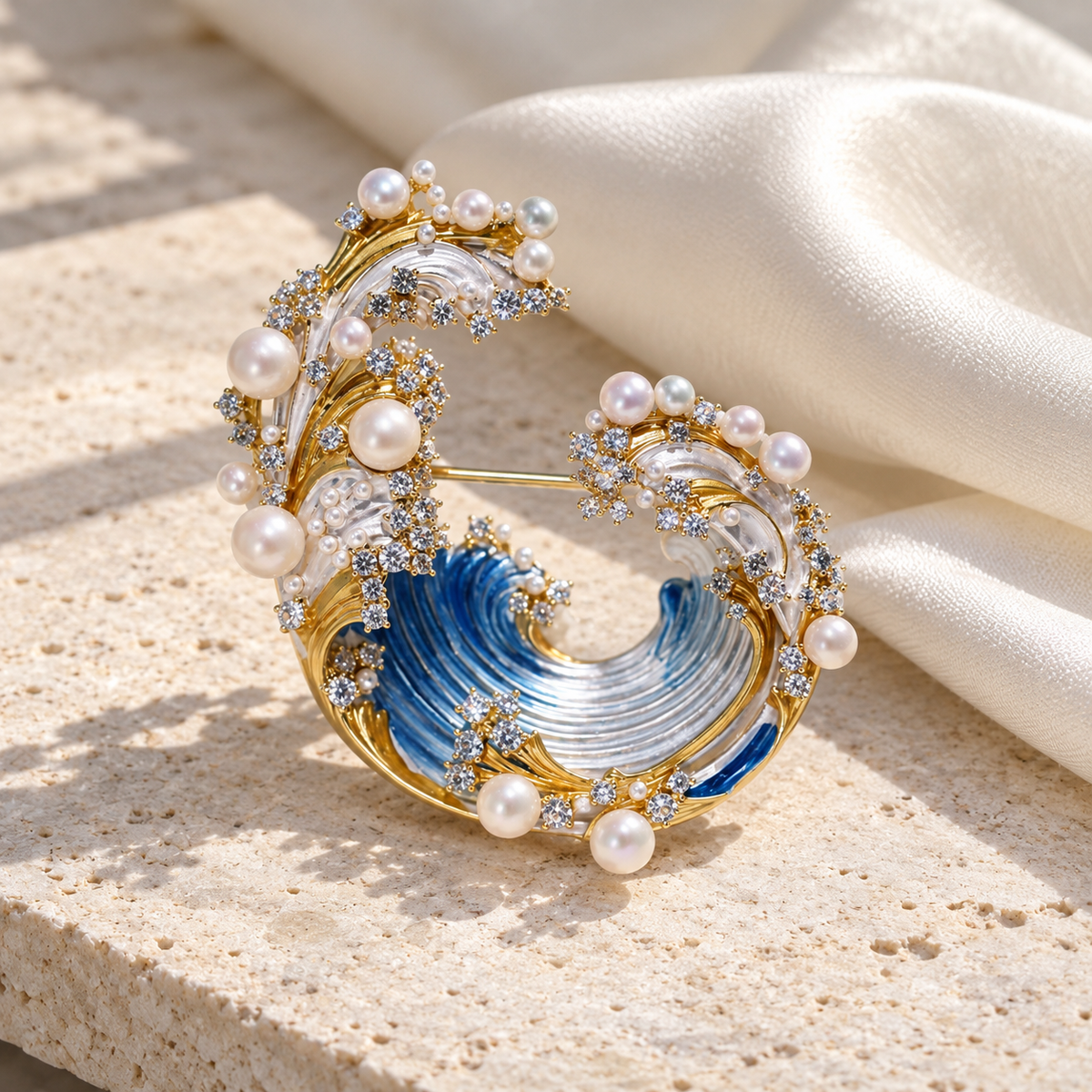 Freshwater pearl wave brooch and pendant in a styled tabletop display