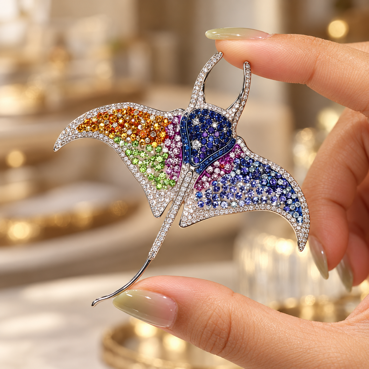 Multicolored manta ray brooch held in a hand