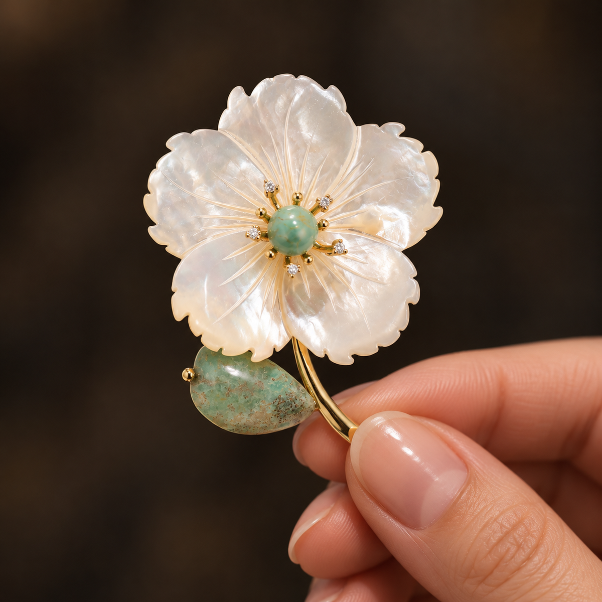 Green shell flower brooch held in a hand