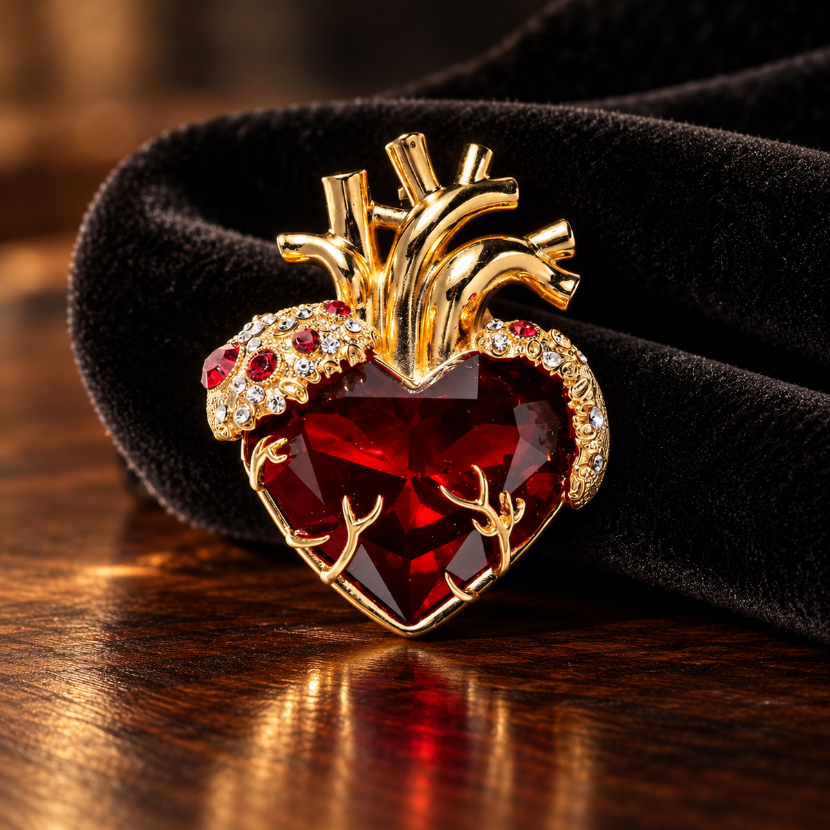 Heart brooch in a styled tabletop display