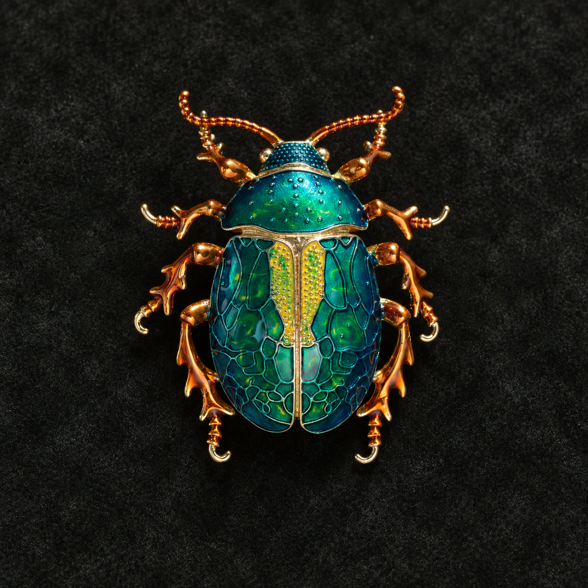 Dark Green enamel beetle brooch, front view