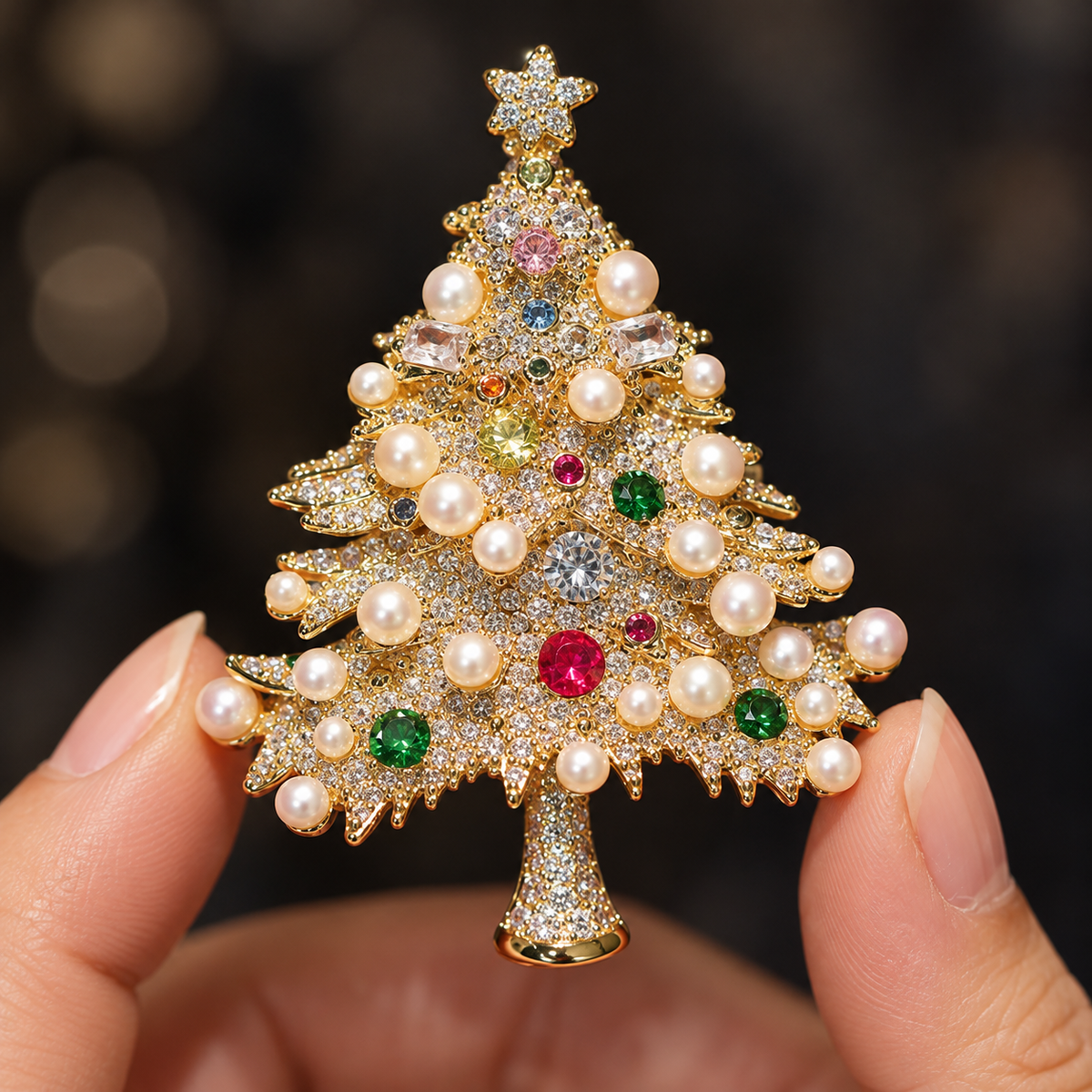 Christmas tree brooch held in a hand, shared design illustration