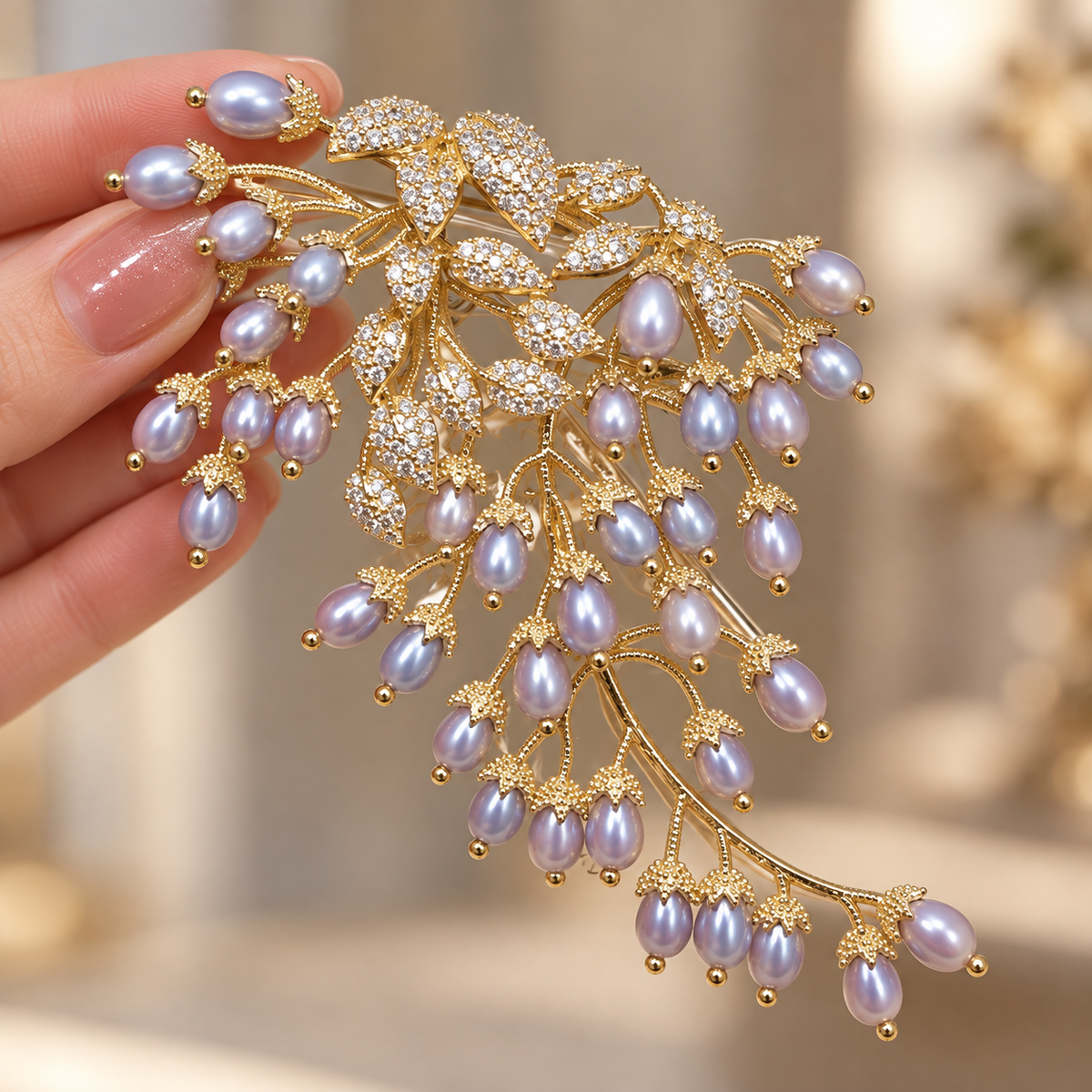Natural Gray Freshwater Pearl wisteria brooch, held in a hand
