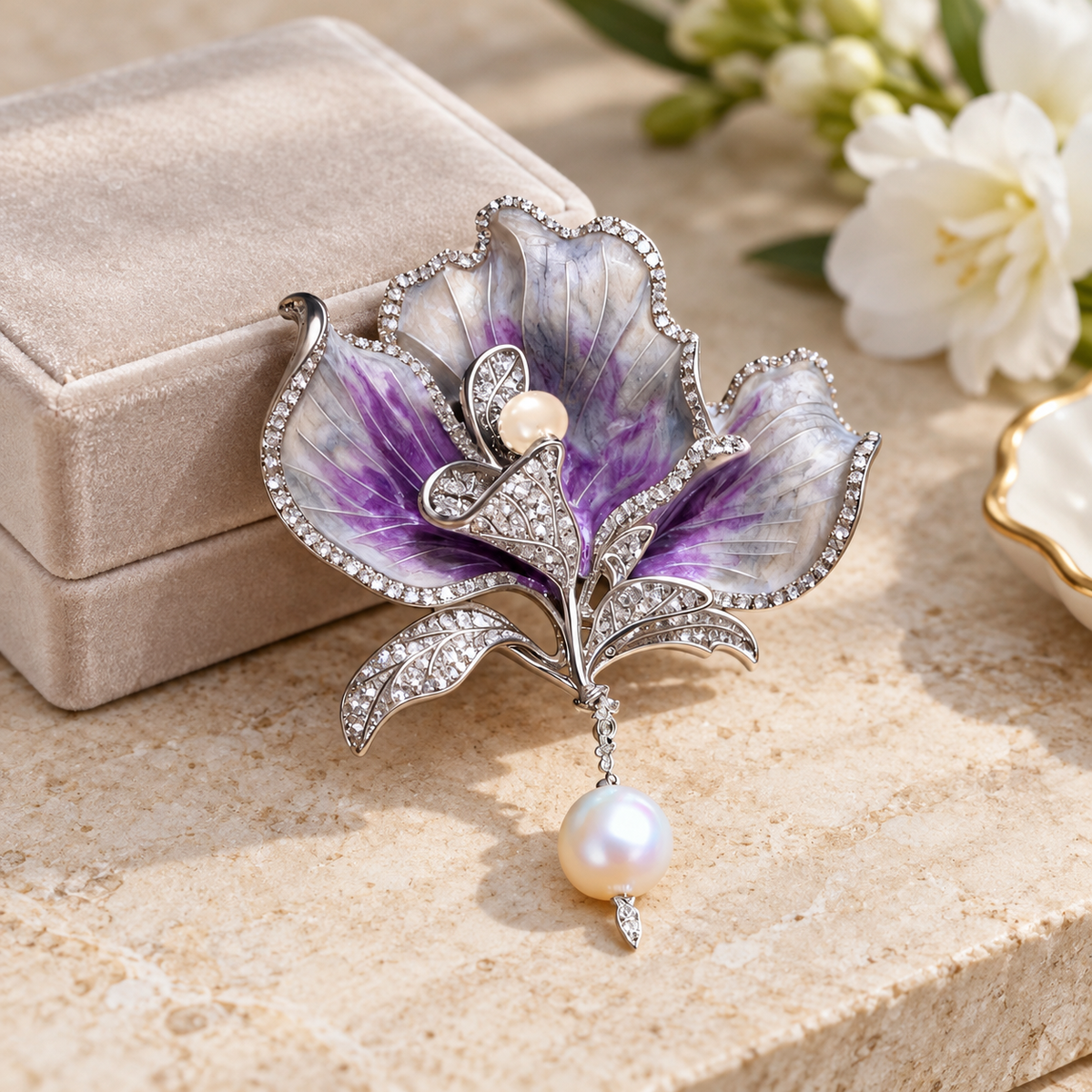 Purple with Shell Pearl canna flower brooch in a tabletop display