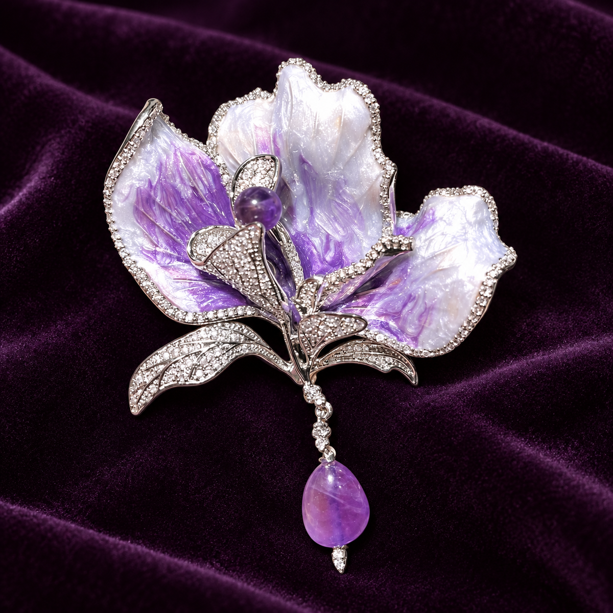 Purple with Purple Stone Drop canna flower brooch