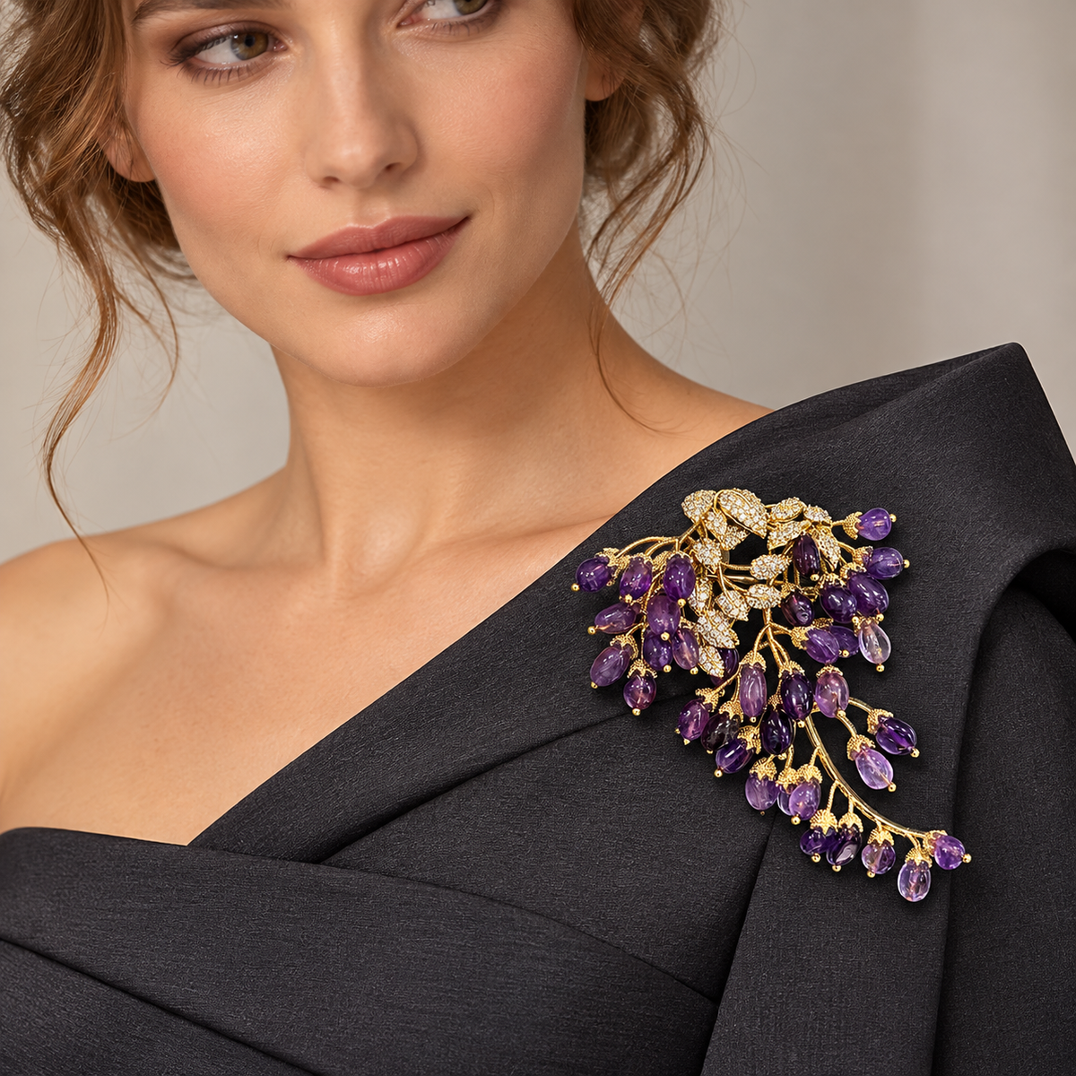 Natural Amethyst wisteria brooch, worn on formal clothing