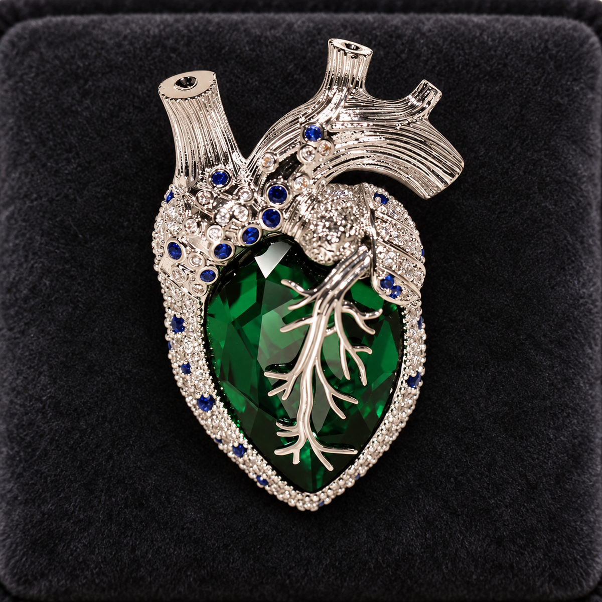 Silver Tone Green anatomical heart brooch