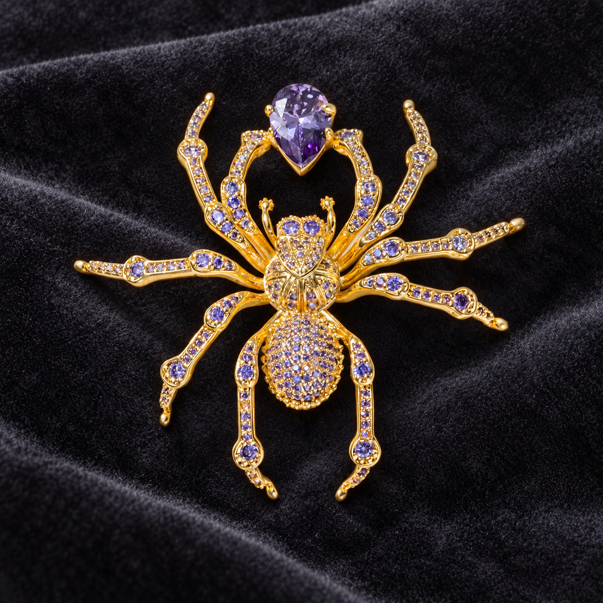 Gold Tone Purple spider brooch with micro-set detailing