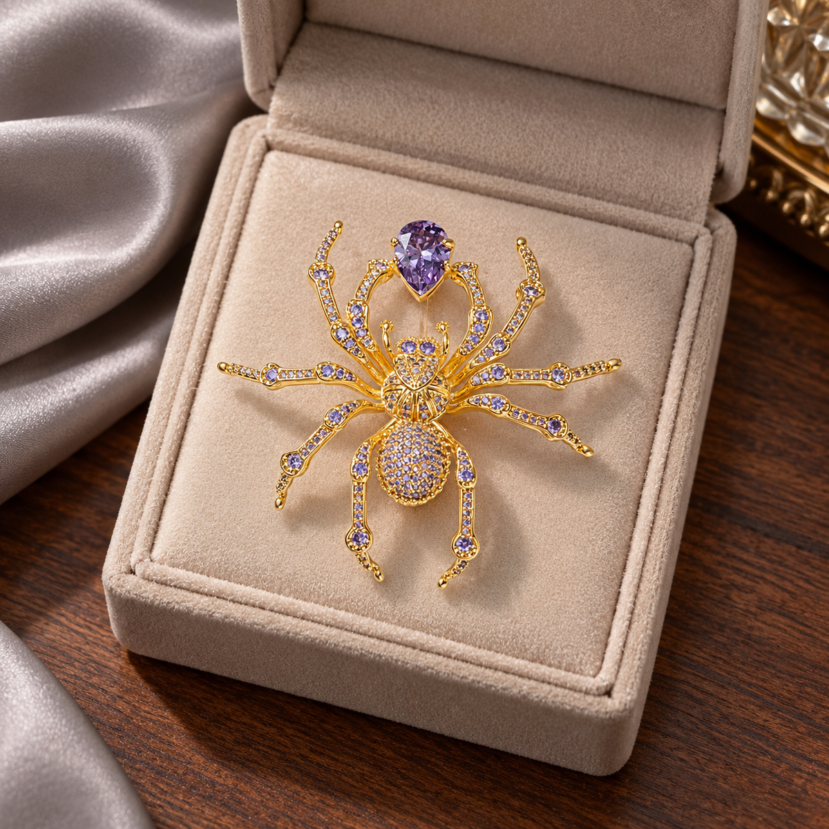 Gold Tone Purple spider brooch in a tabletop display