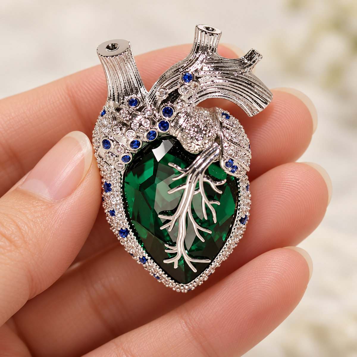 Silver Tone Green anatomical heart brooch held in a hand
