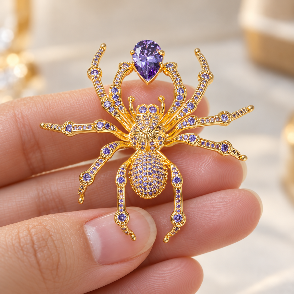 Gold Tone Purple spider brooch held in a hand