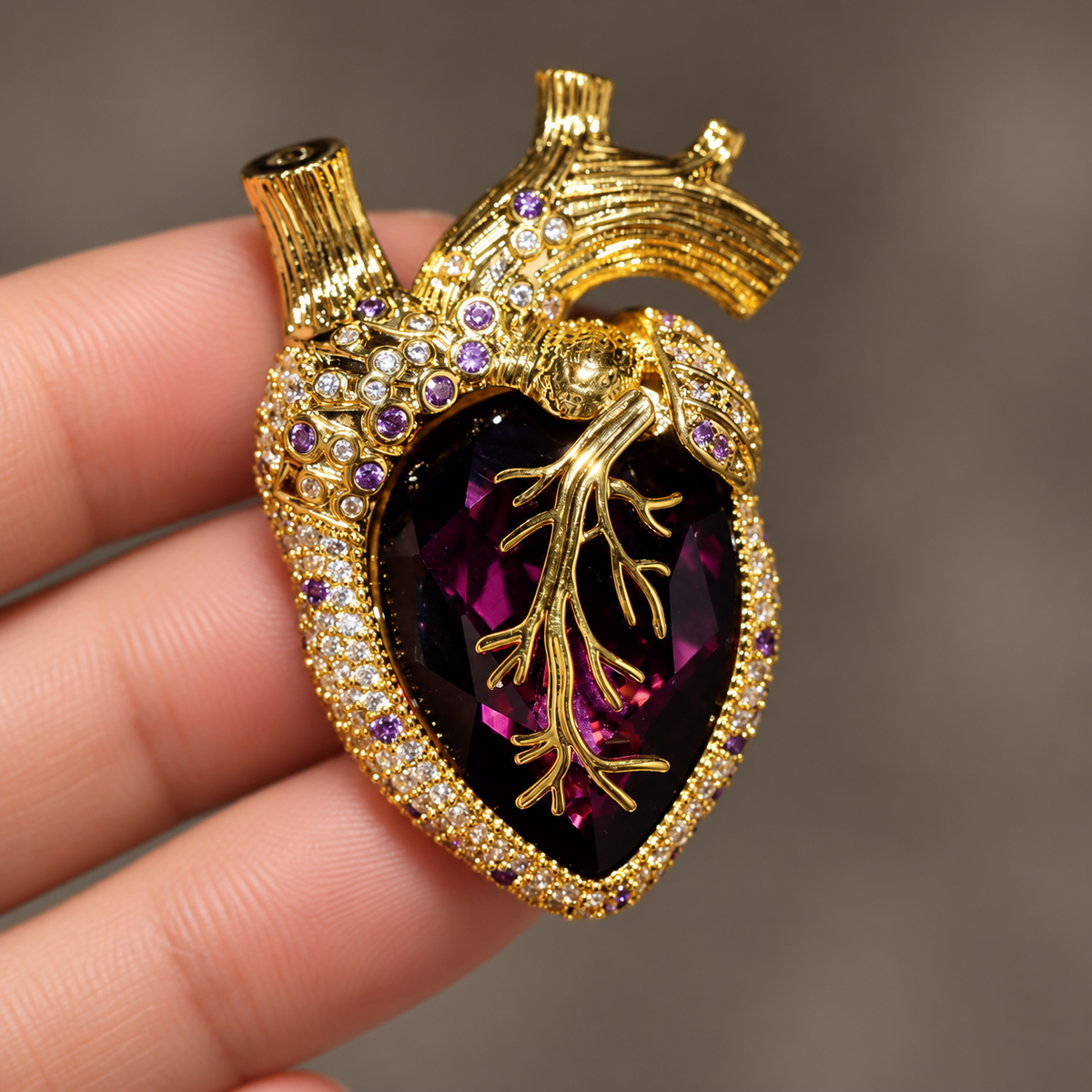 Gold Tone Purple anatomical heart brooch held in a hand