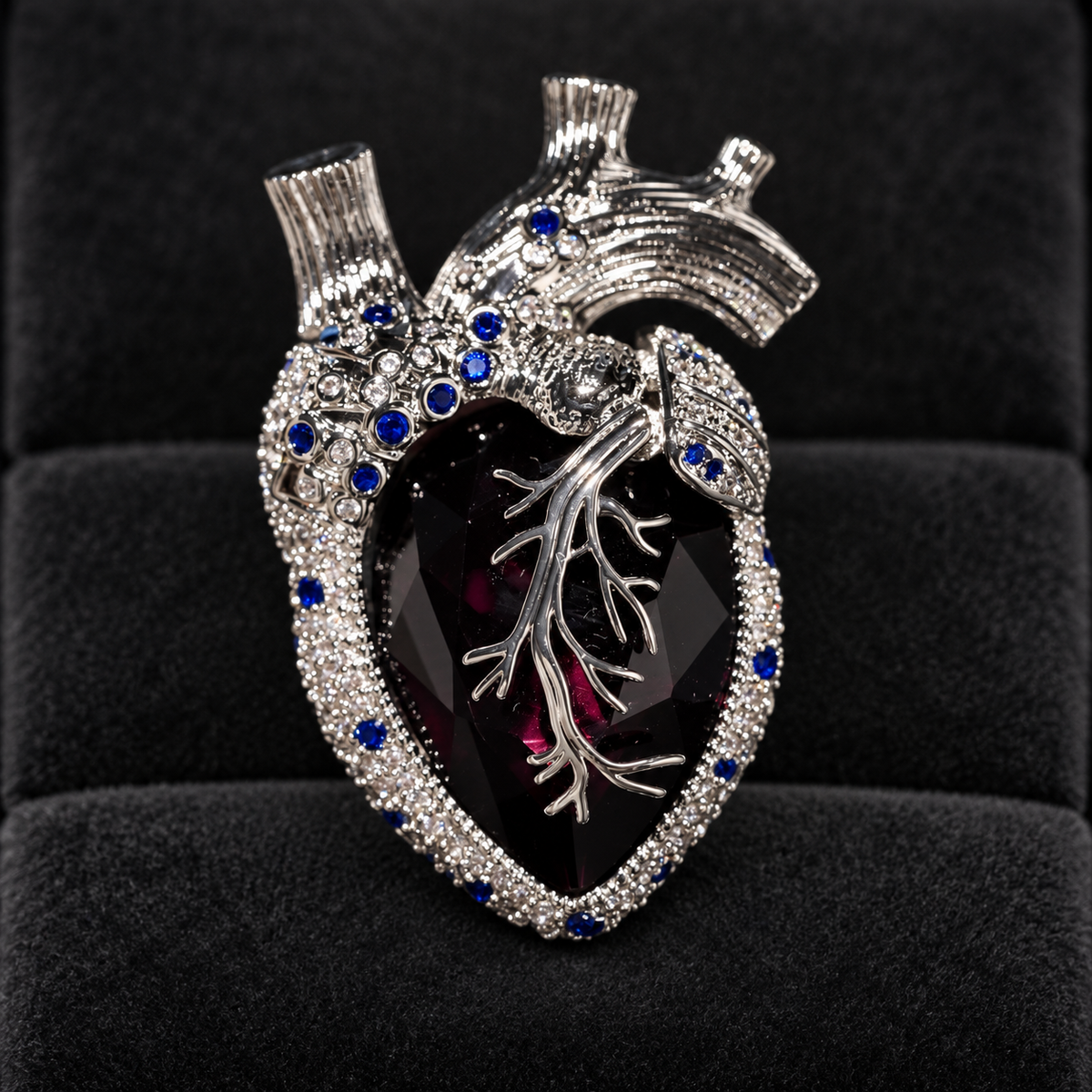 Silver Tone Purple with Blue Accents anatomical heart brooch