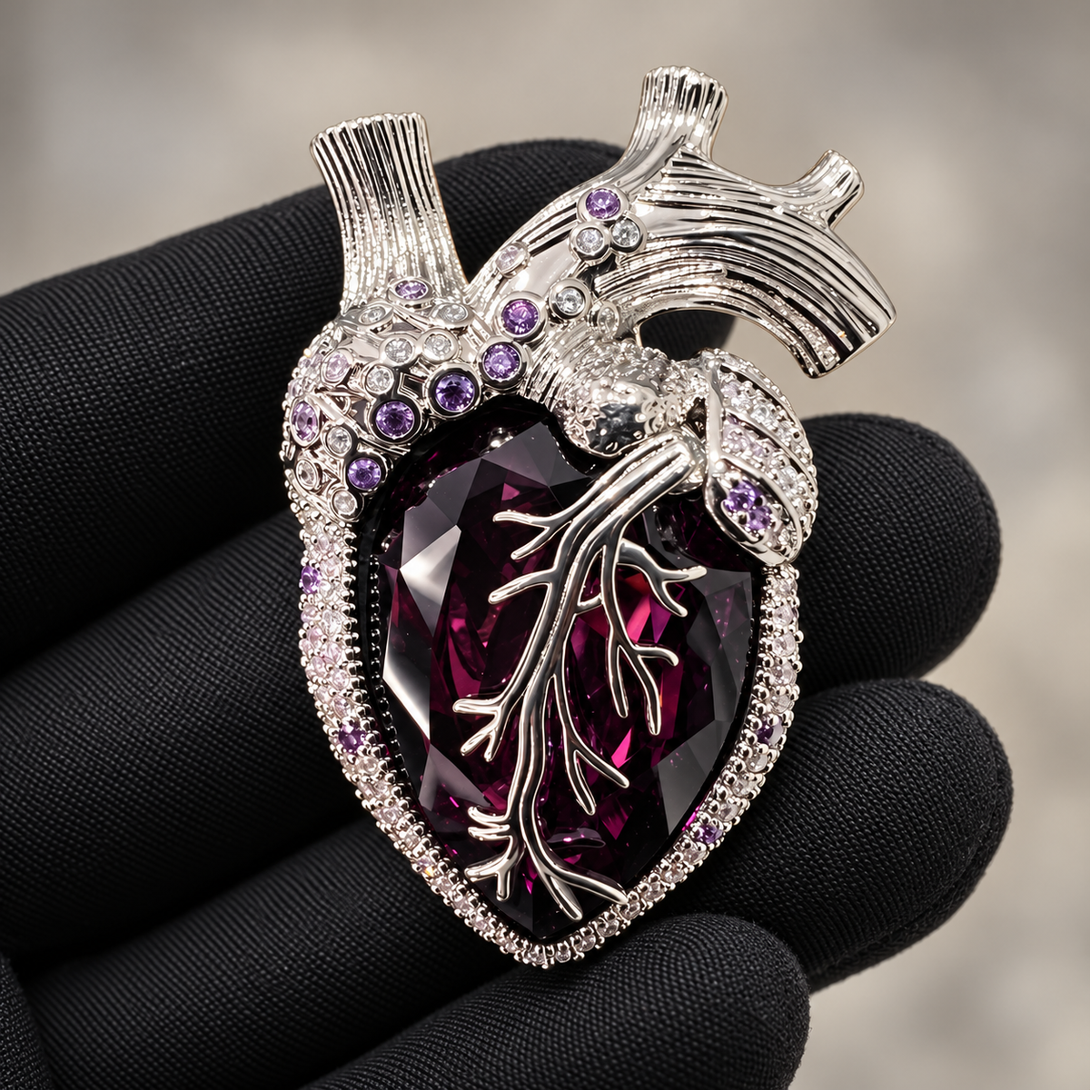 Silver Tone Purple anatomical heart brooch held in a hand